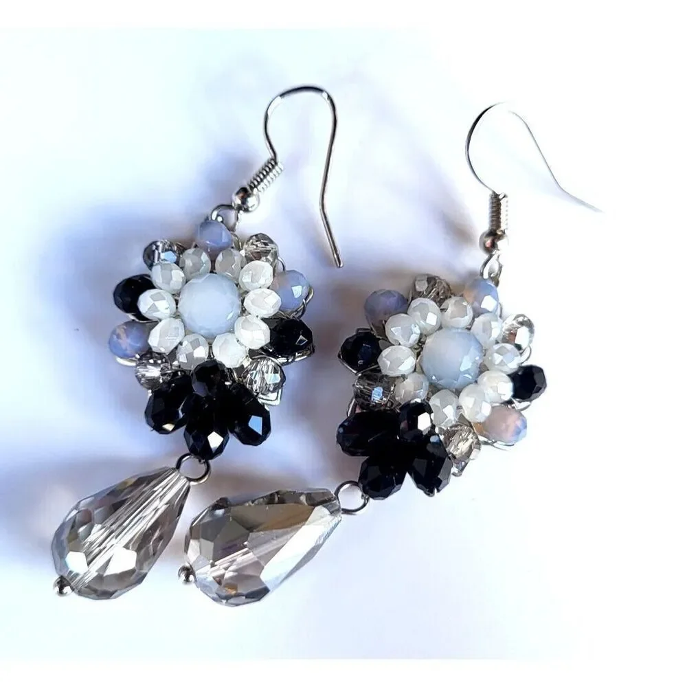 Beautiful Grayscale Fairy Flower Crystal Tear Drop Earrings 2.5 in
